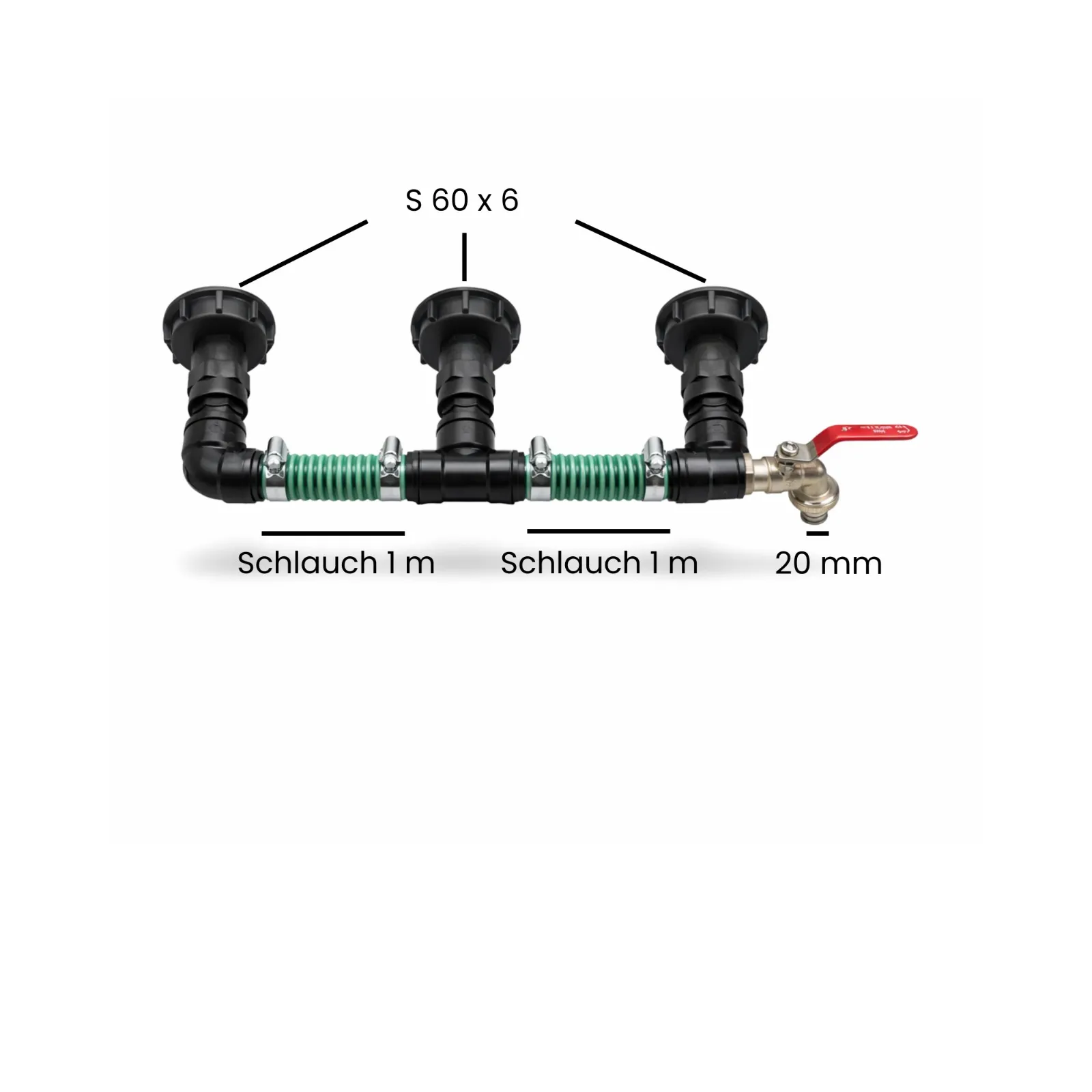 Verteileraufbau mit Schläuchen und Kugelhahn, bemaßt